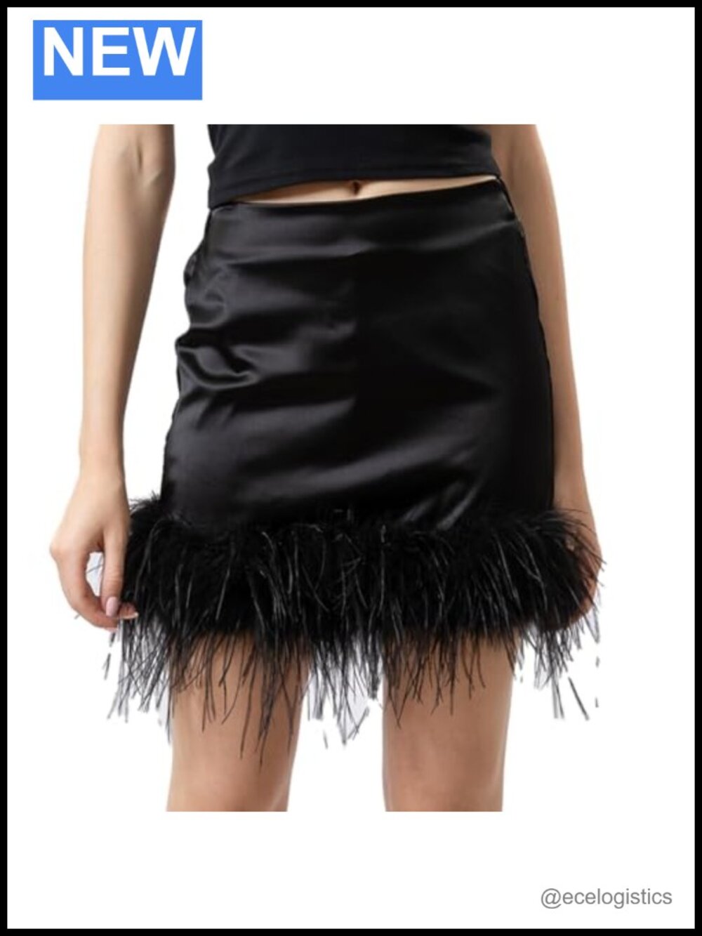 Satin Mini Skirt with Feather Trim Elastic High Waist Party Clubwear